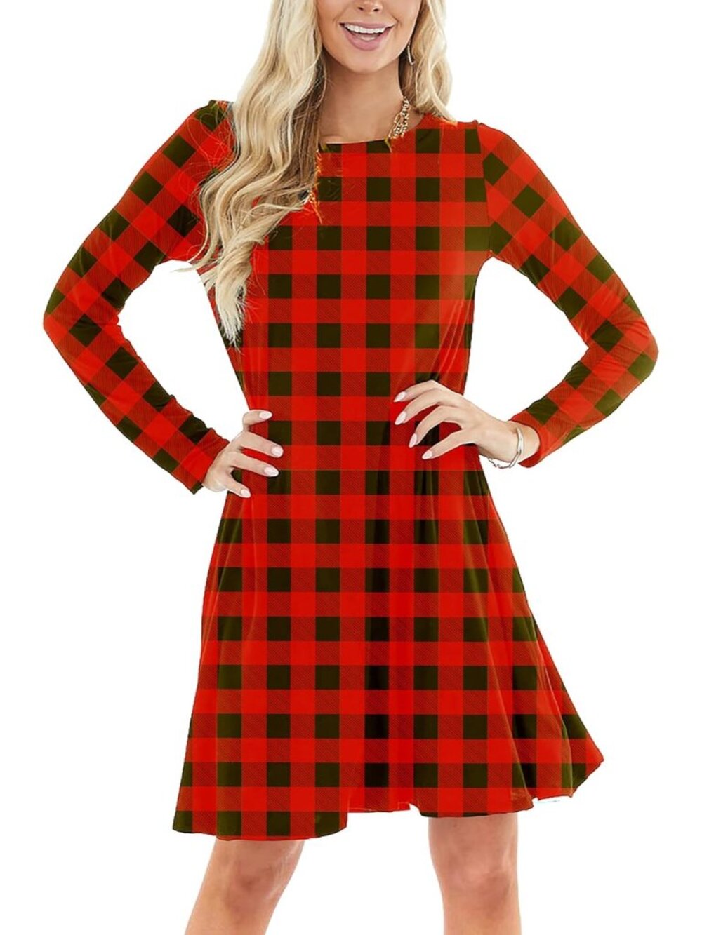 Women's Christmas Plaid Long Sleeve Round Neck Xmas Holiday A Line Dresses